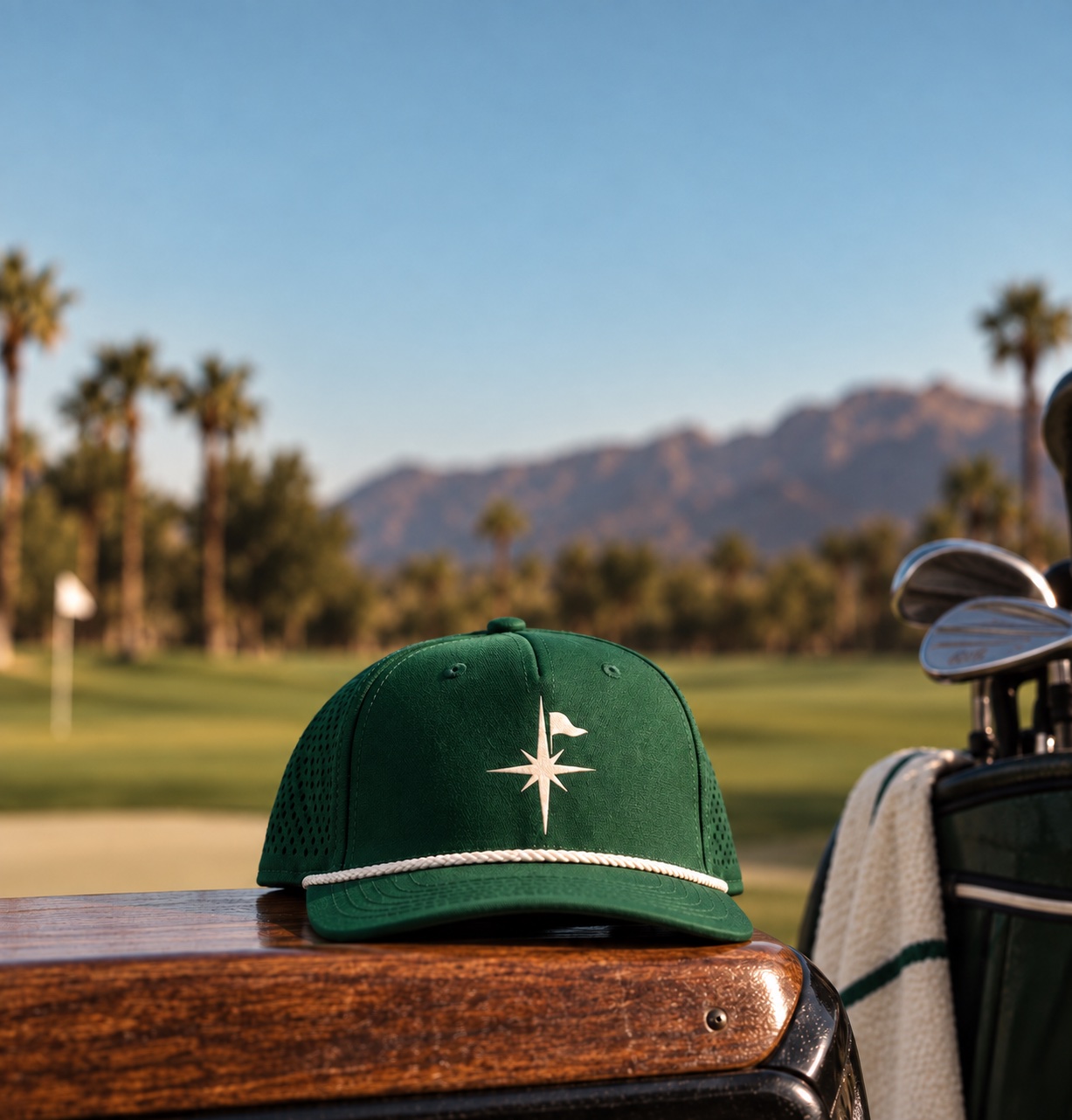 A forest green Ted Rees rope hat on a wooden golf cart, with palm trees and mountains beyond.